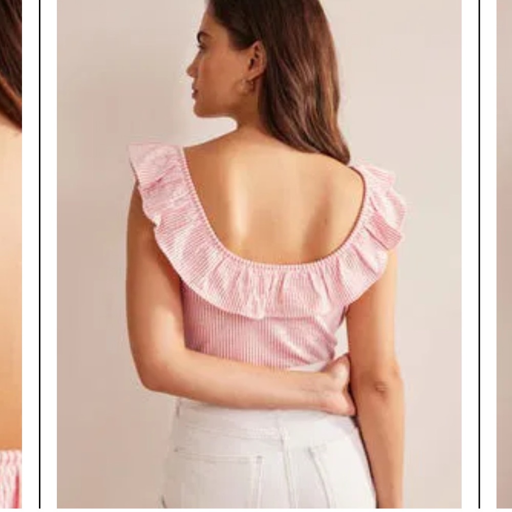 Boden Pink Red White Ruffled Off Shoulder Ribbed Top Blouse Seersucker Stripe 6 - Picture 3 of 9